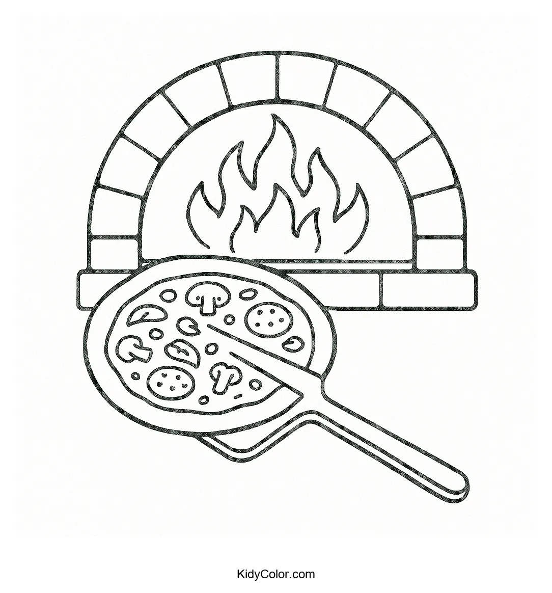 Coloring page of a traditional pizza oven with toppings