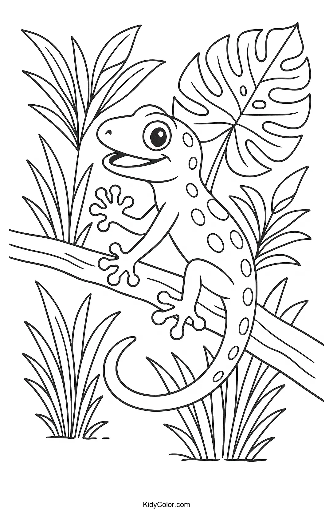 Tropical gecko on a branch coloring page