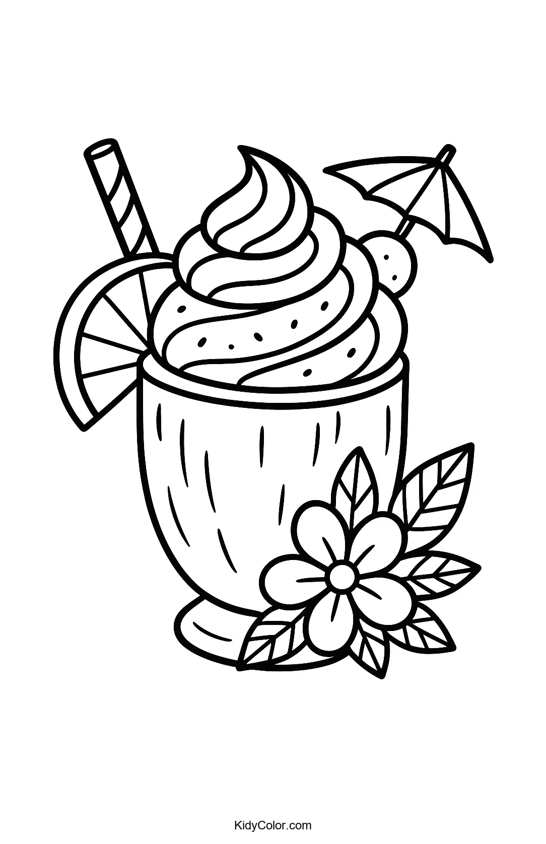 Coloring page of tropical milkshake in a coconut cup