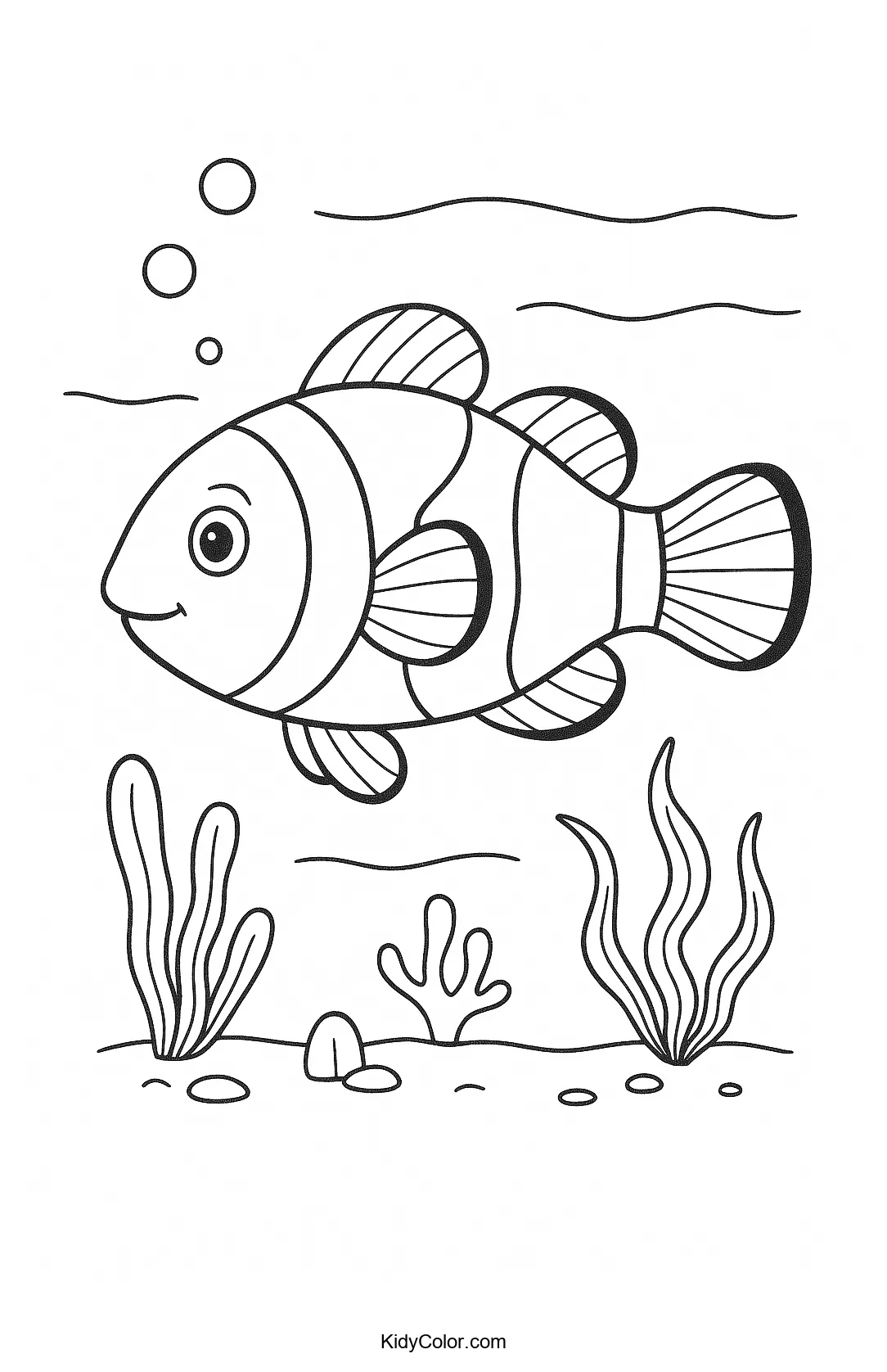 Clownfish swimming in an ocean scene coloring page