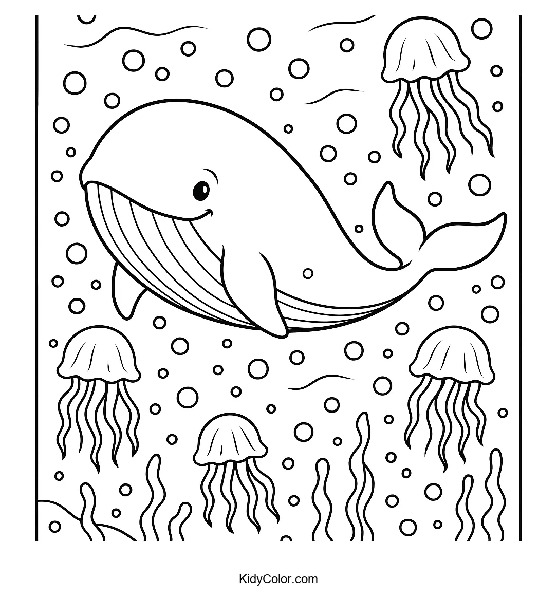 Whale and jellyfish underwater tranquility coloring page