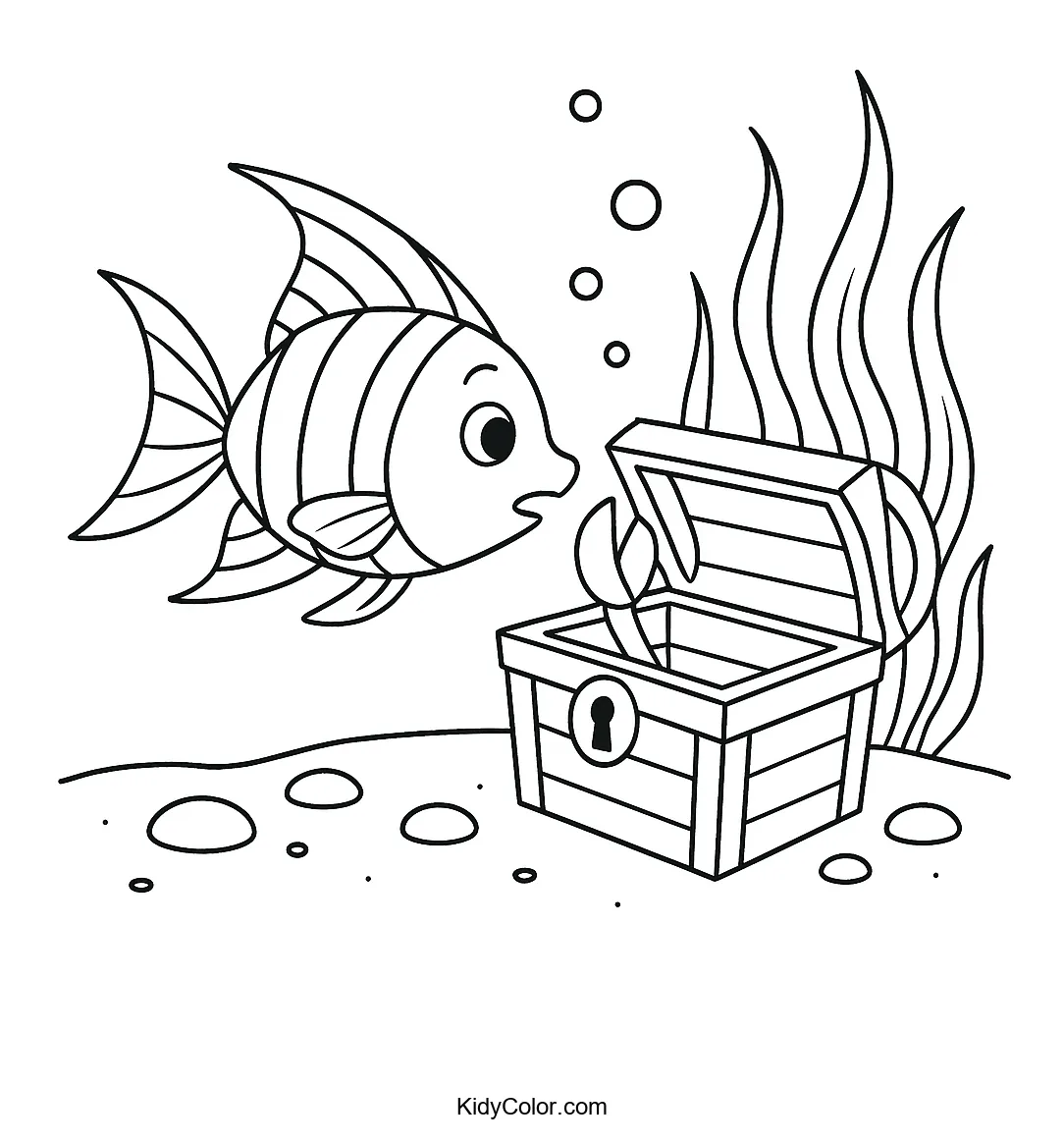 Coloring page of underwater treasure and swallowtail fish