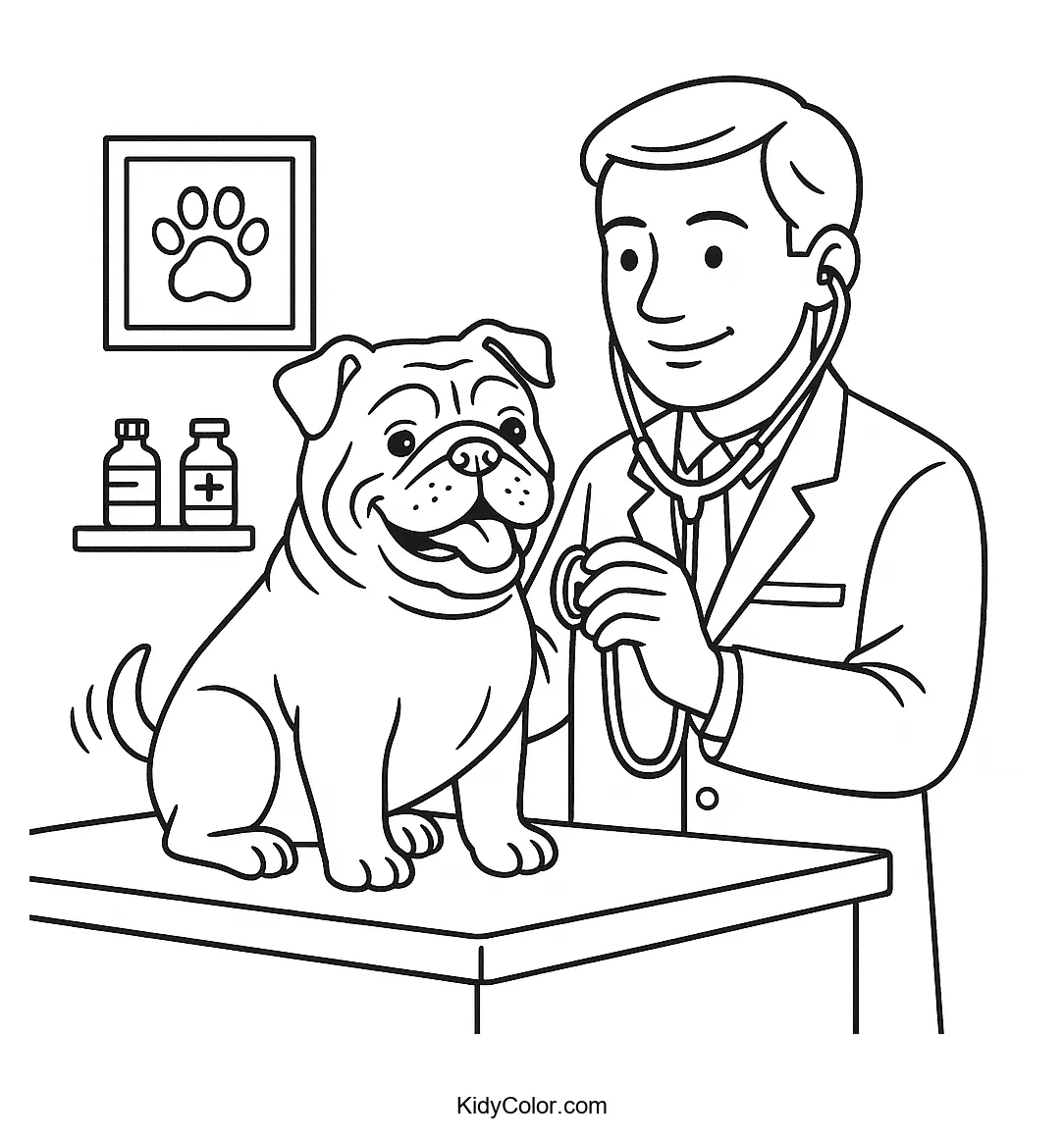 Bulldog getting a check-up at the vet coloring page