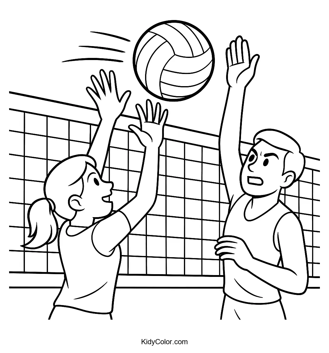 Coloring page of volleyball block and spike scene