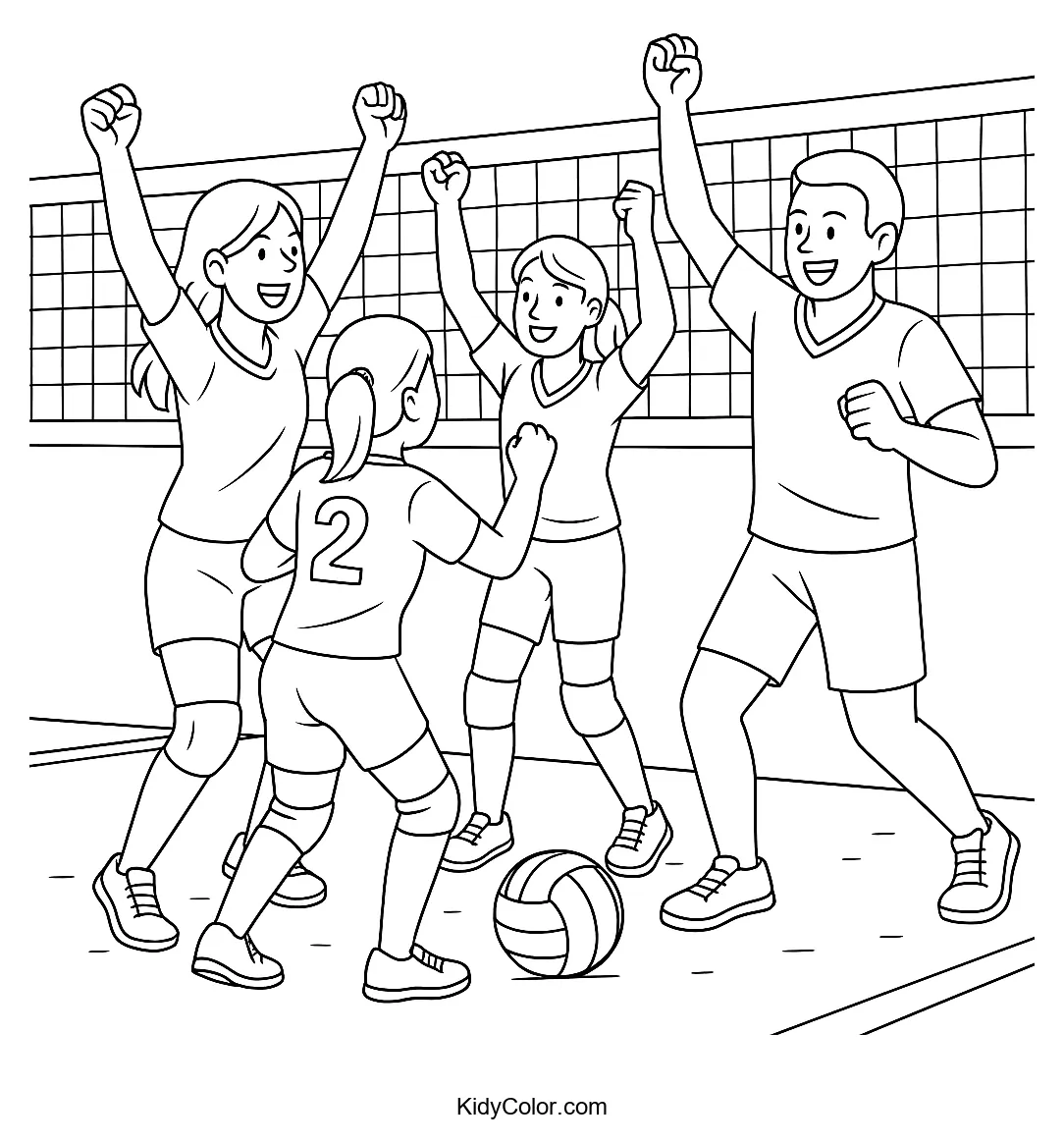 Kids coloring page of a volleyball victory celebration