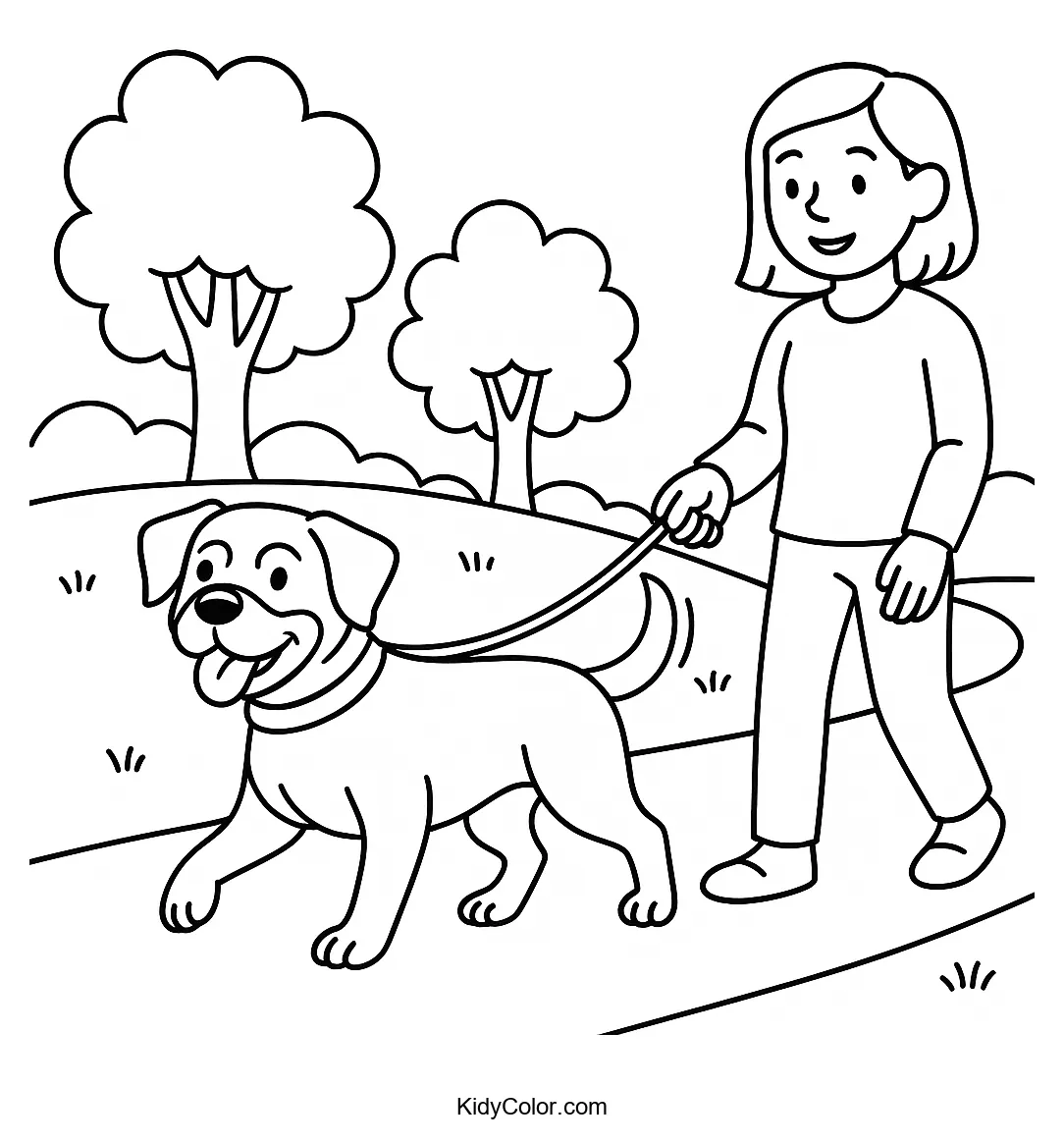 Child walking a dog in the park