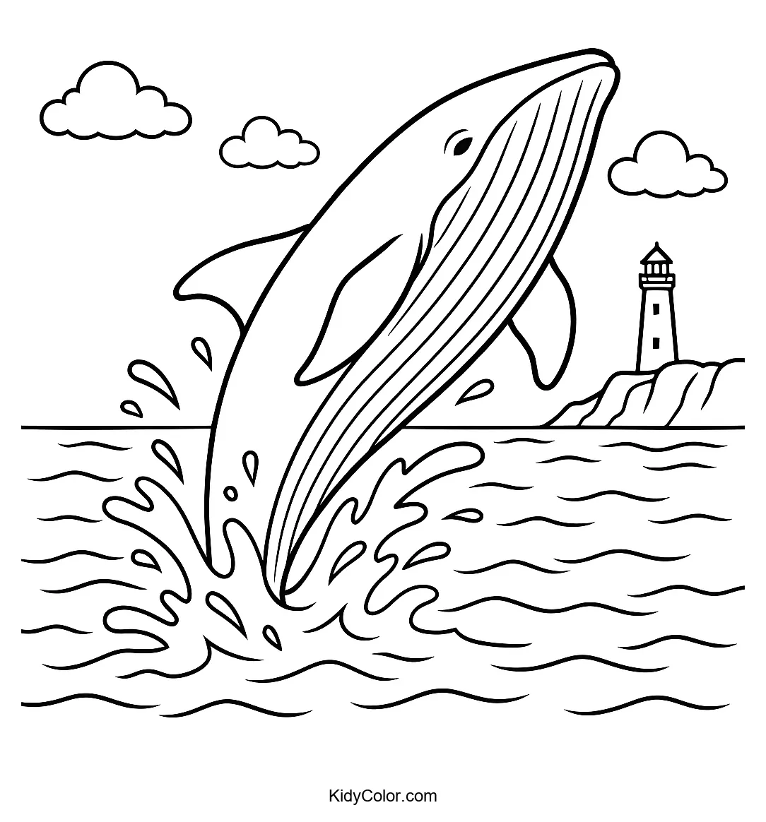 Coloring page of a whale breaching with a lighthouse in the background