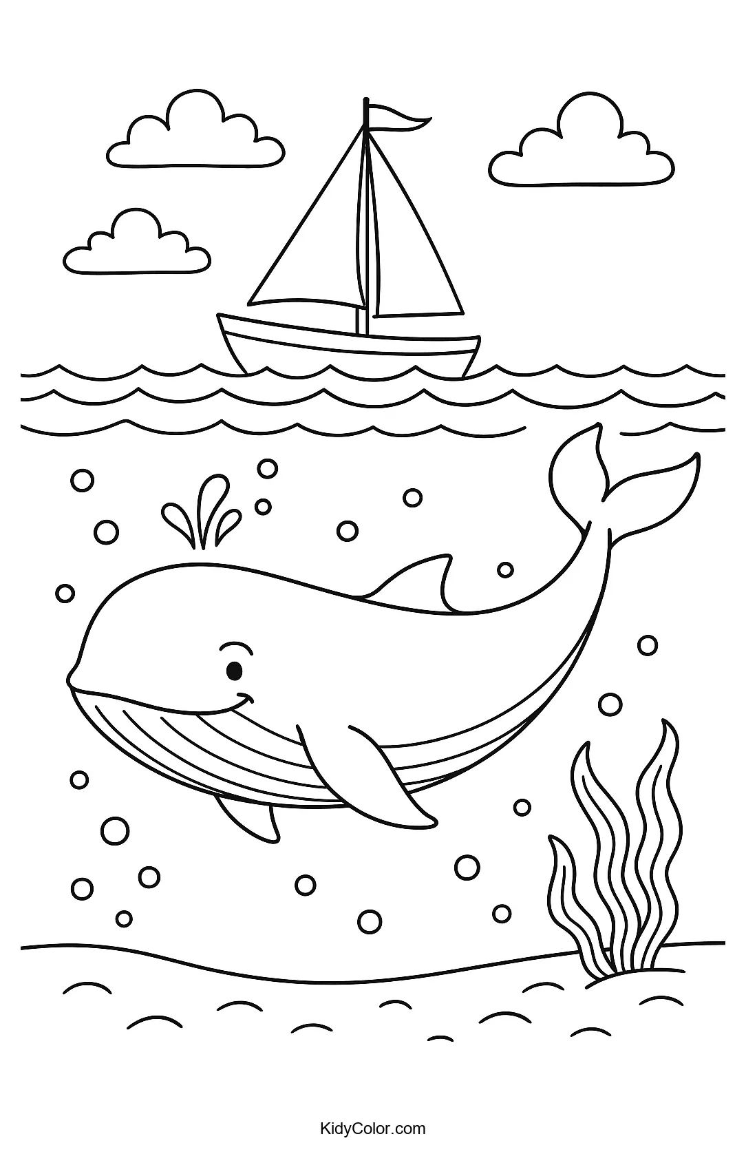 Whale and boat with sky coloring page
