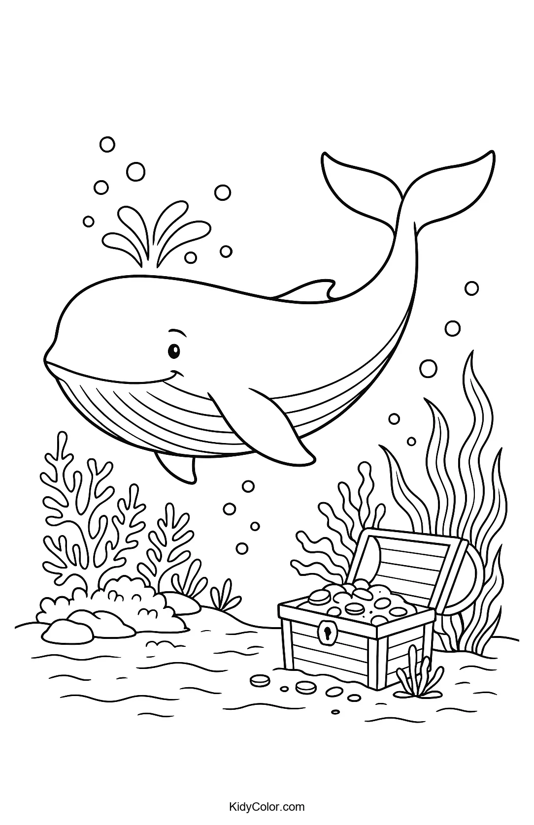 Whale and treasure underwater scene coloring page