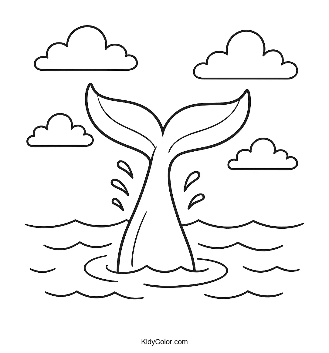 Whale's tail above ocean waves coloring page