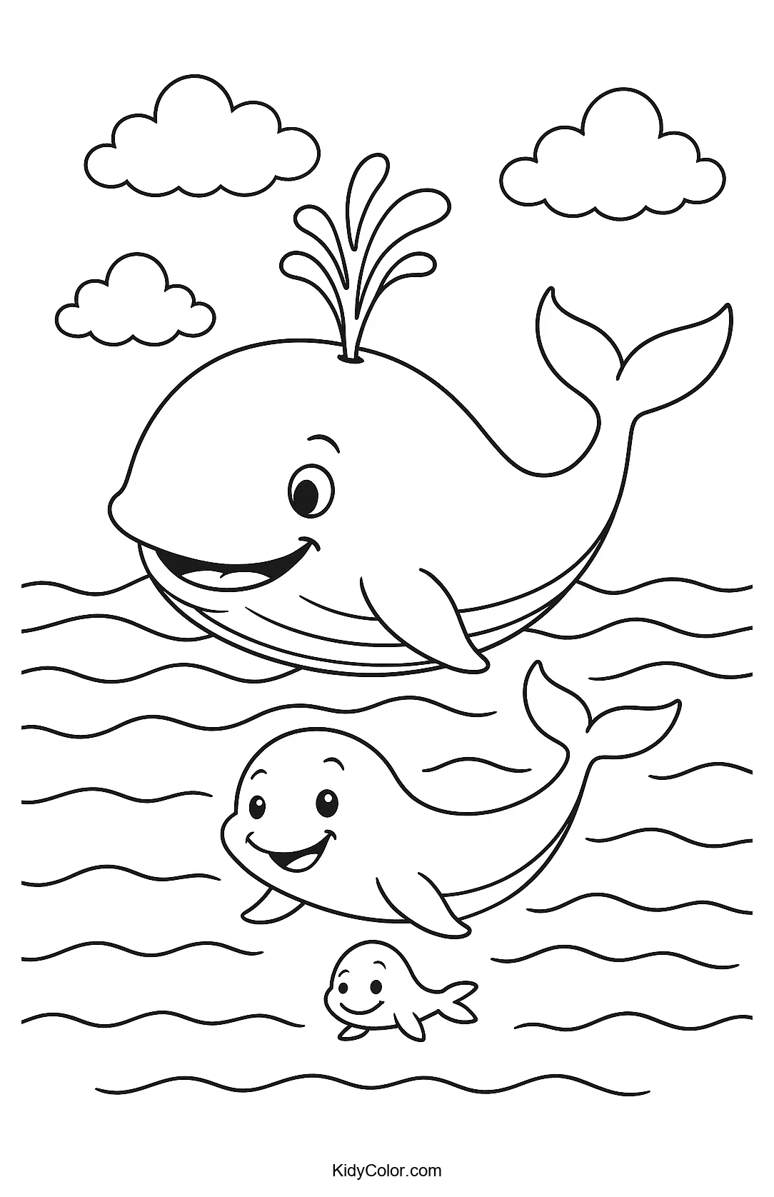 Whales swimming beneath fluffy clouds