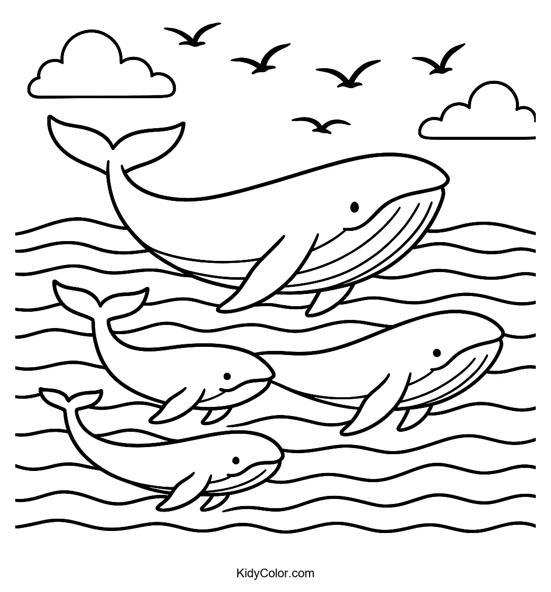 Coloring page of whales swimming under seagulls