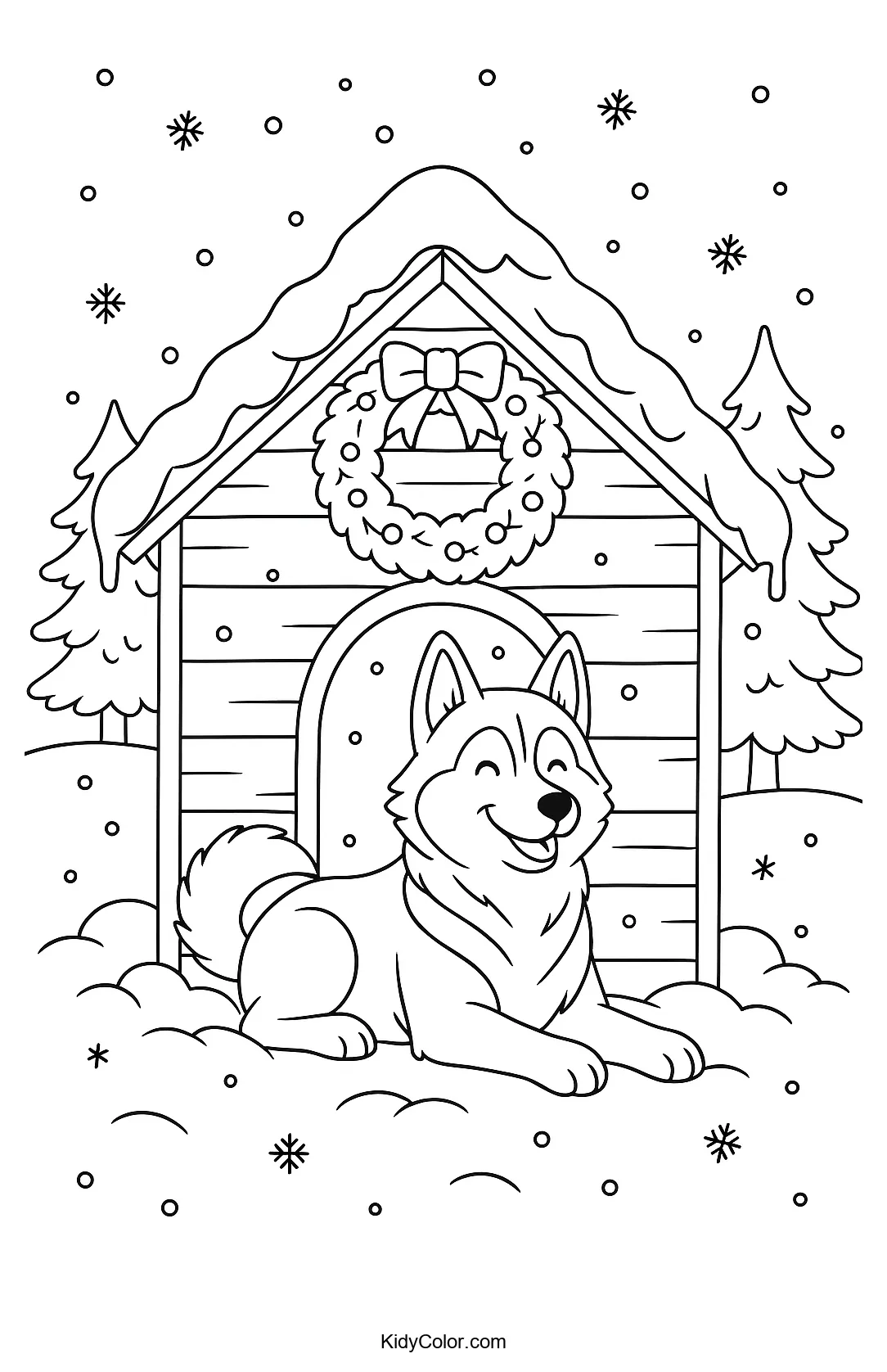 Coloring page of a husky in a snowy setting