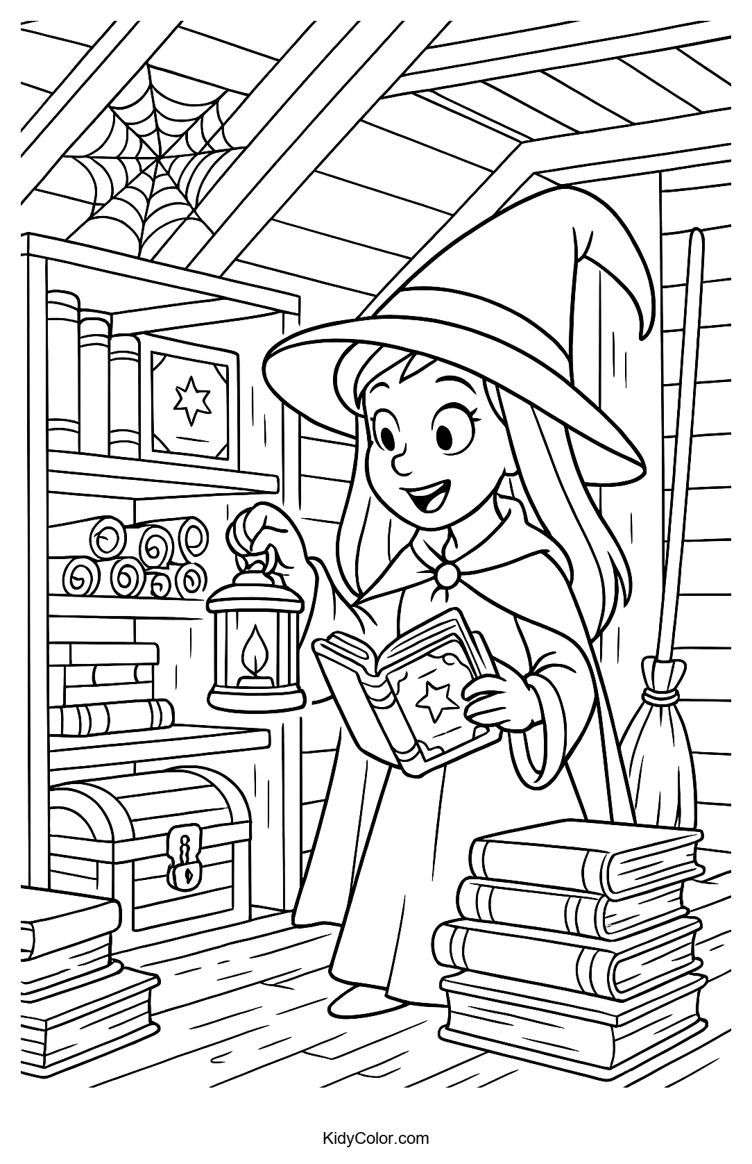 Witch with a magical tome coloring page