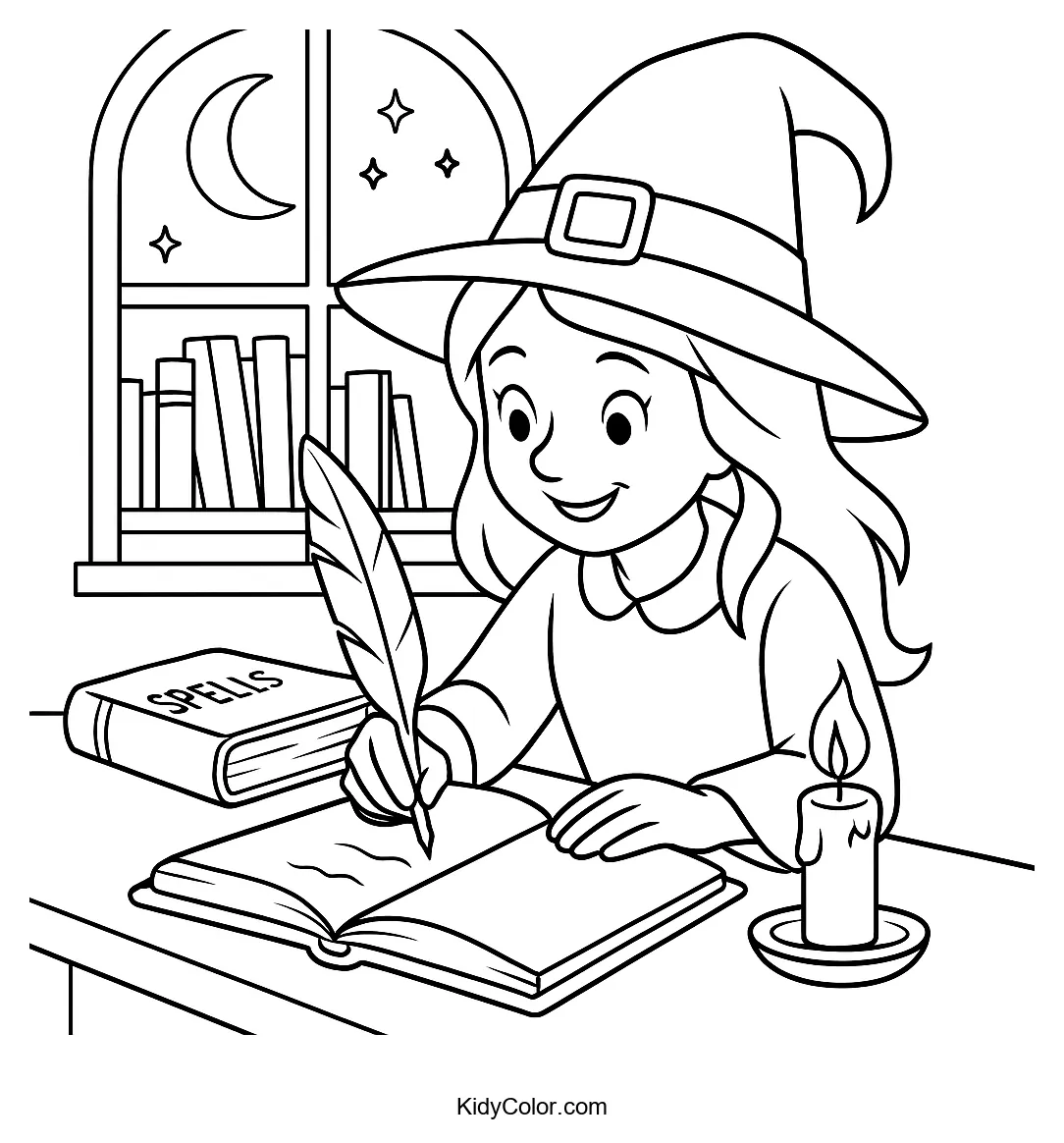 Witch writing at a desk by candlelight