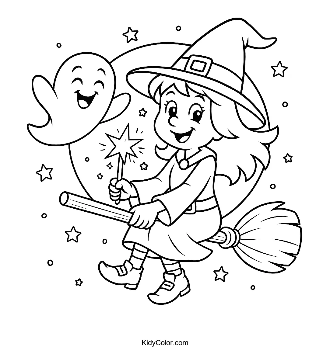 Witch and ghost beneath the moon coloring page.