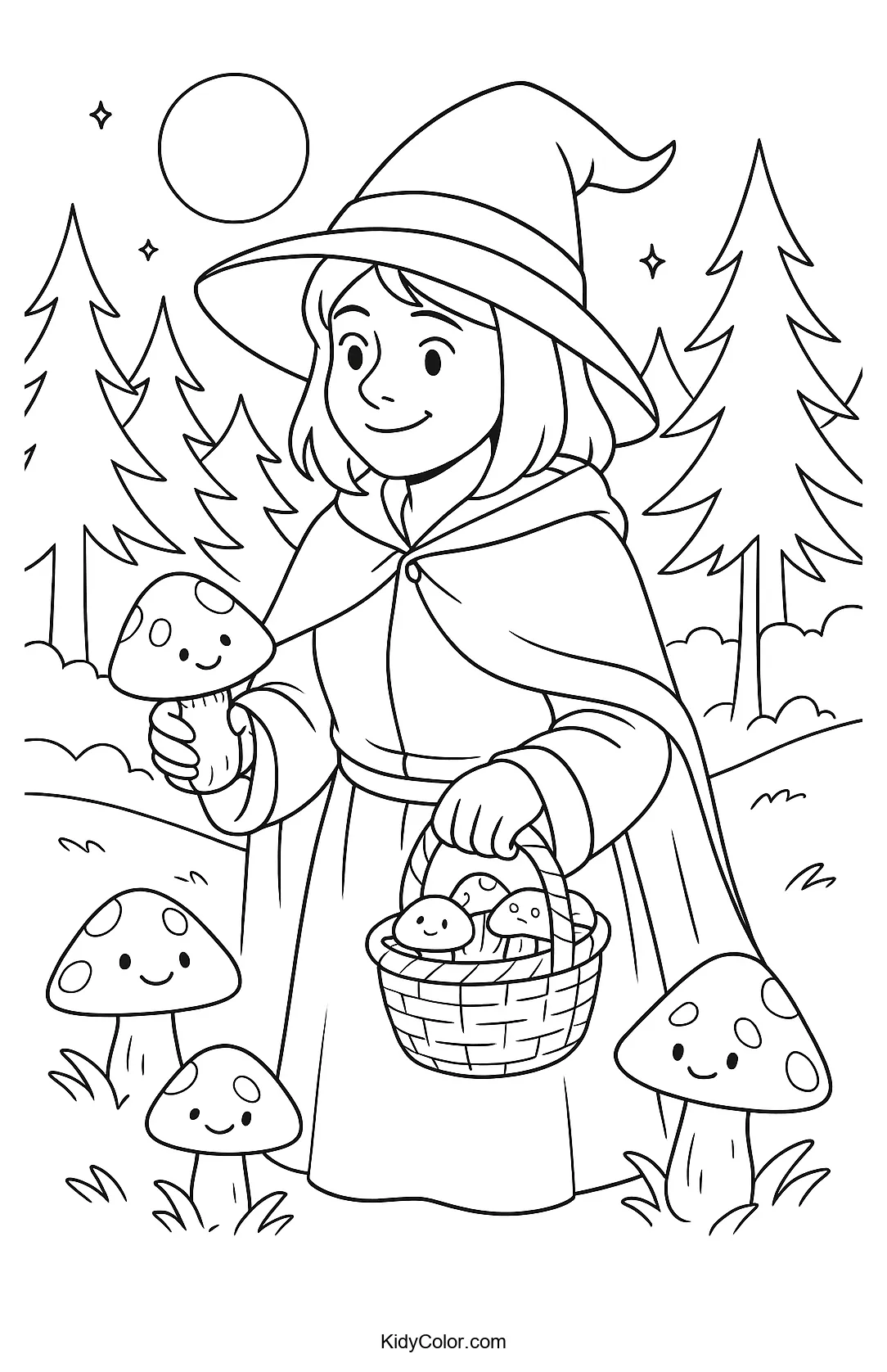 Witch with mushrooms under moonlight