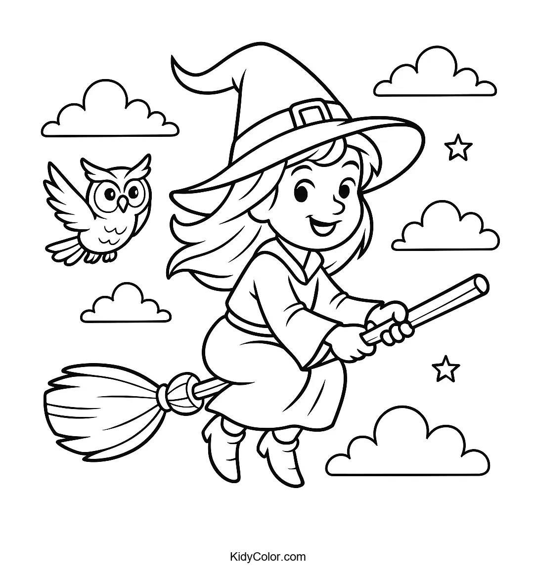 Witch flying with owl in the sky