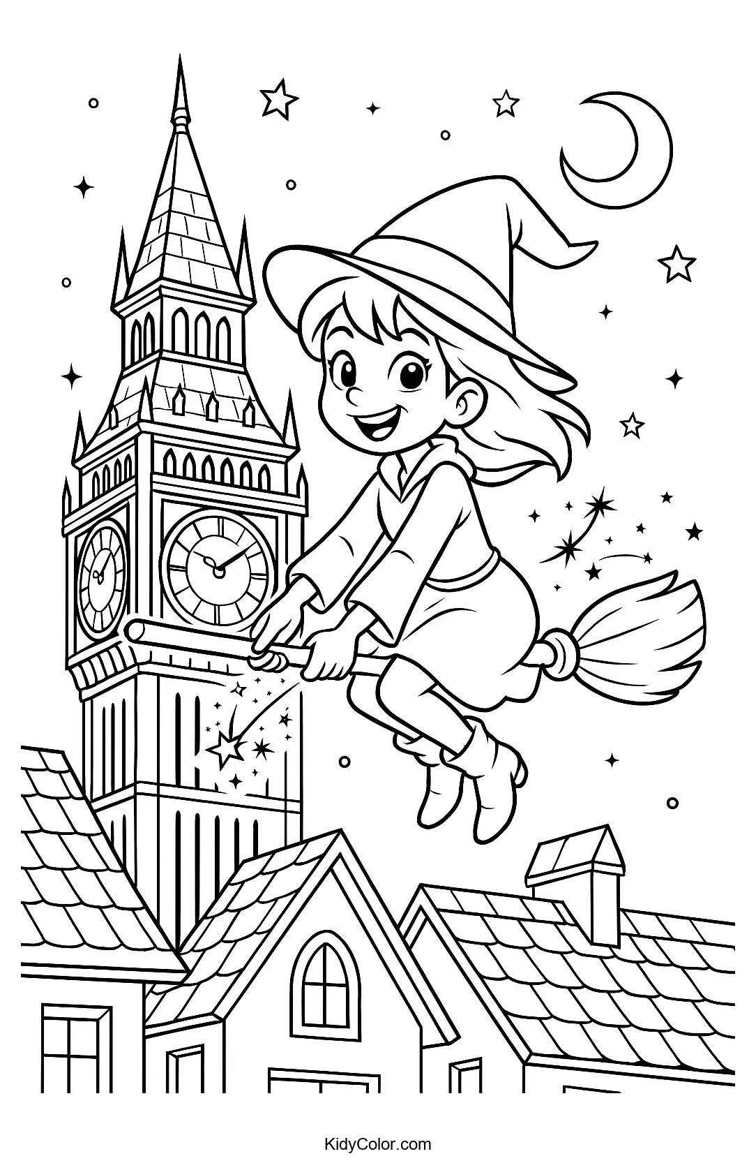 Witch and tower beneath crescent moon coloring page.