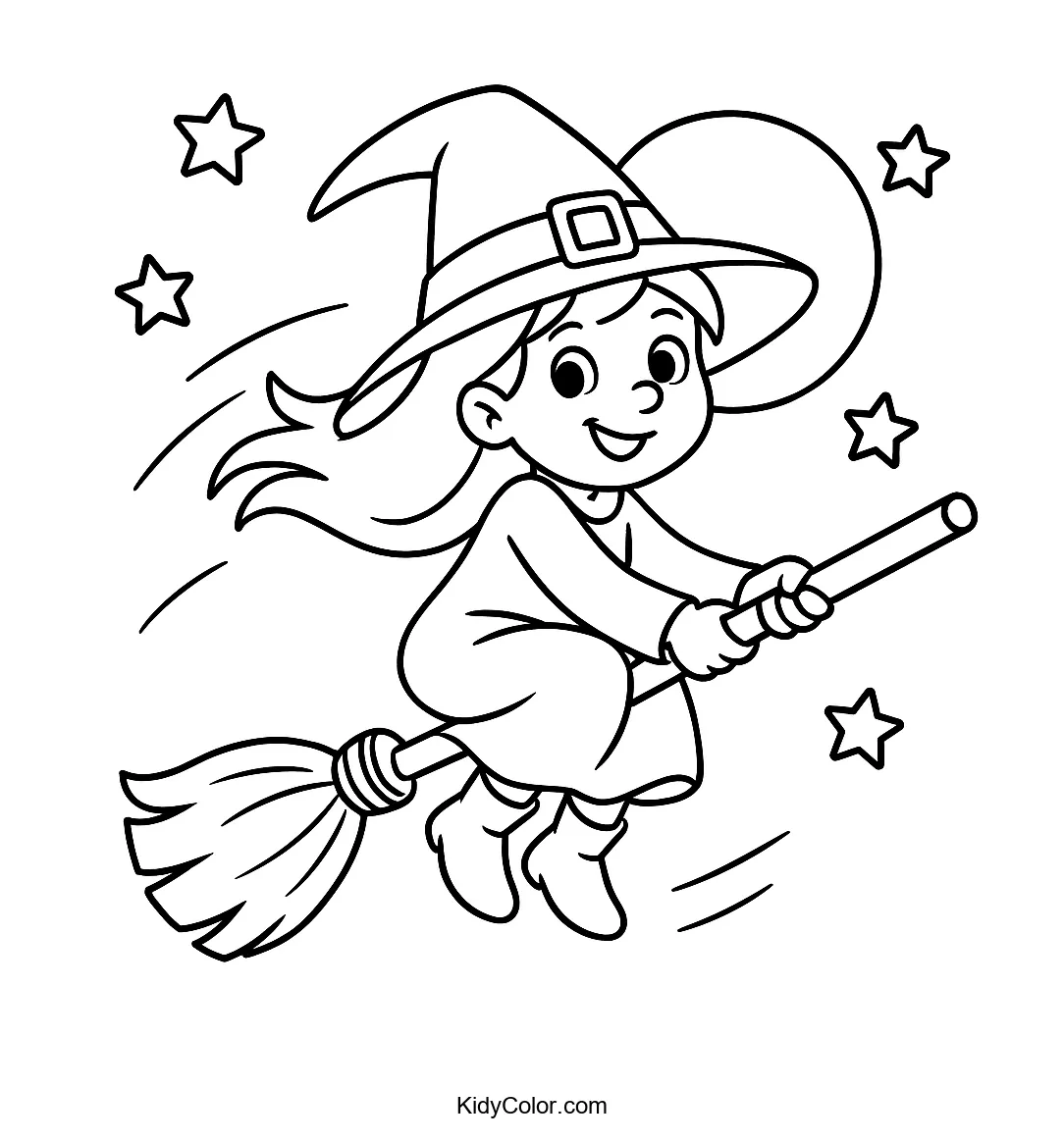 A witch flying on a broomstick beneath a full moon