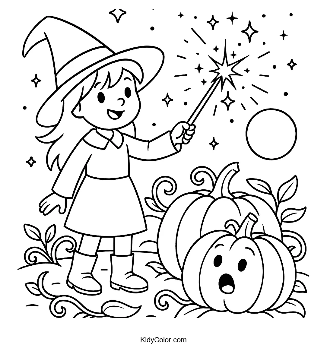 Witch standing in a pumpkin patch.