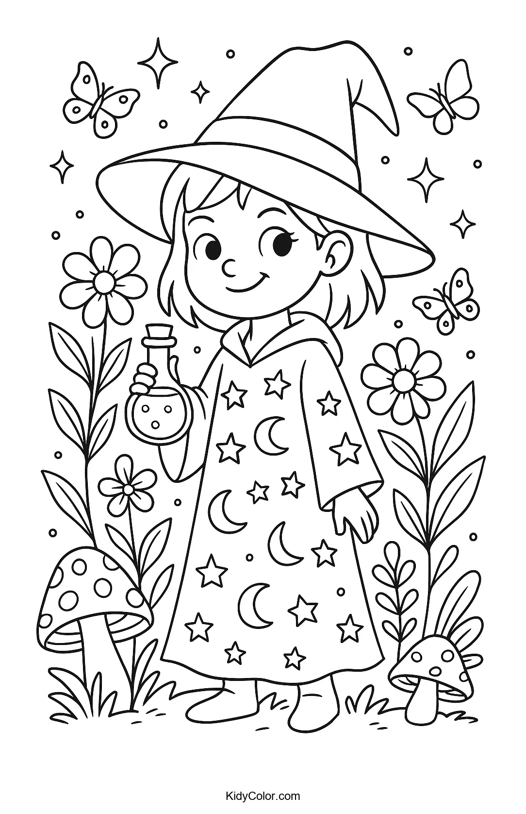Witch in a whimsical garden coloring page