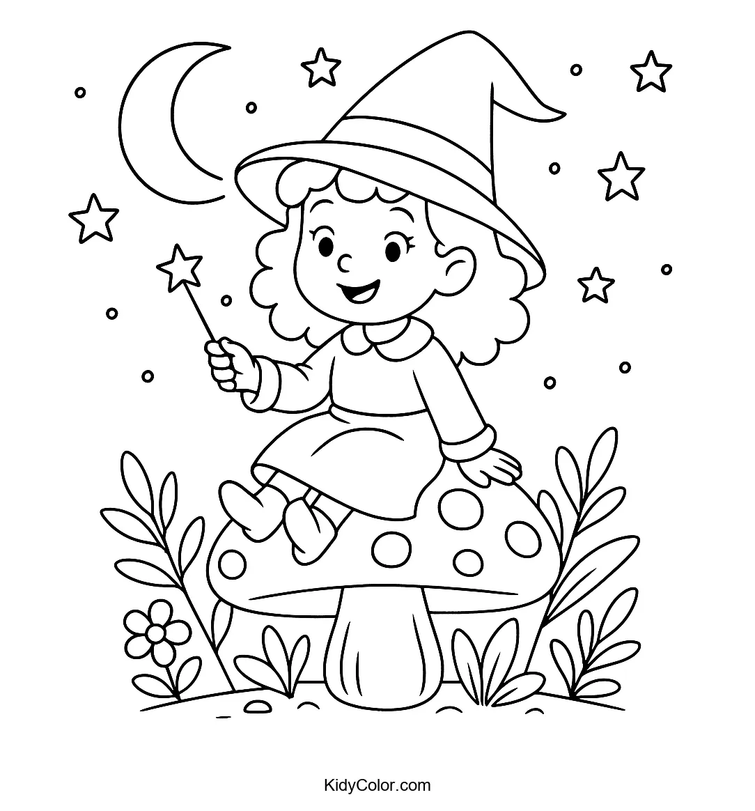 Witch on mushroom under moonlight coloring page
