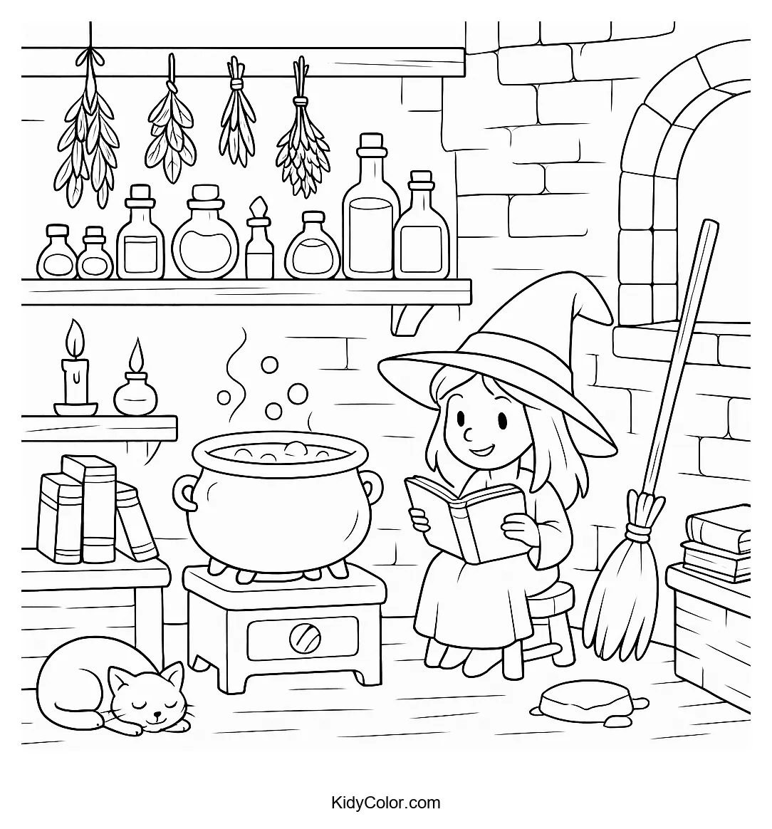 Enchanted kitchen scene with a witch