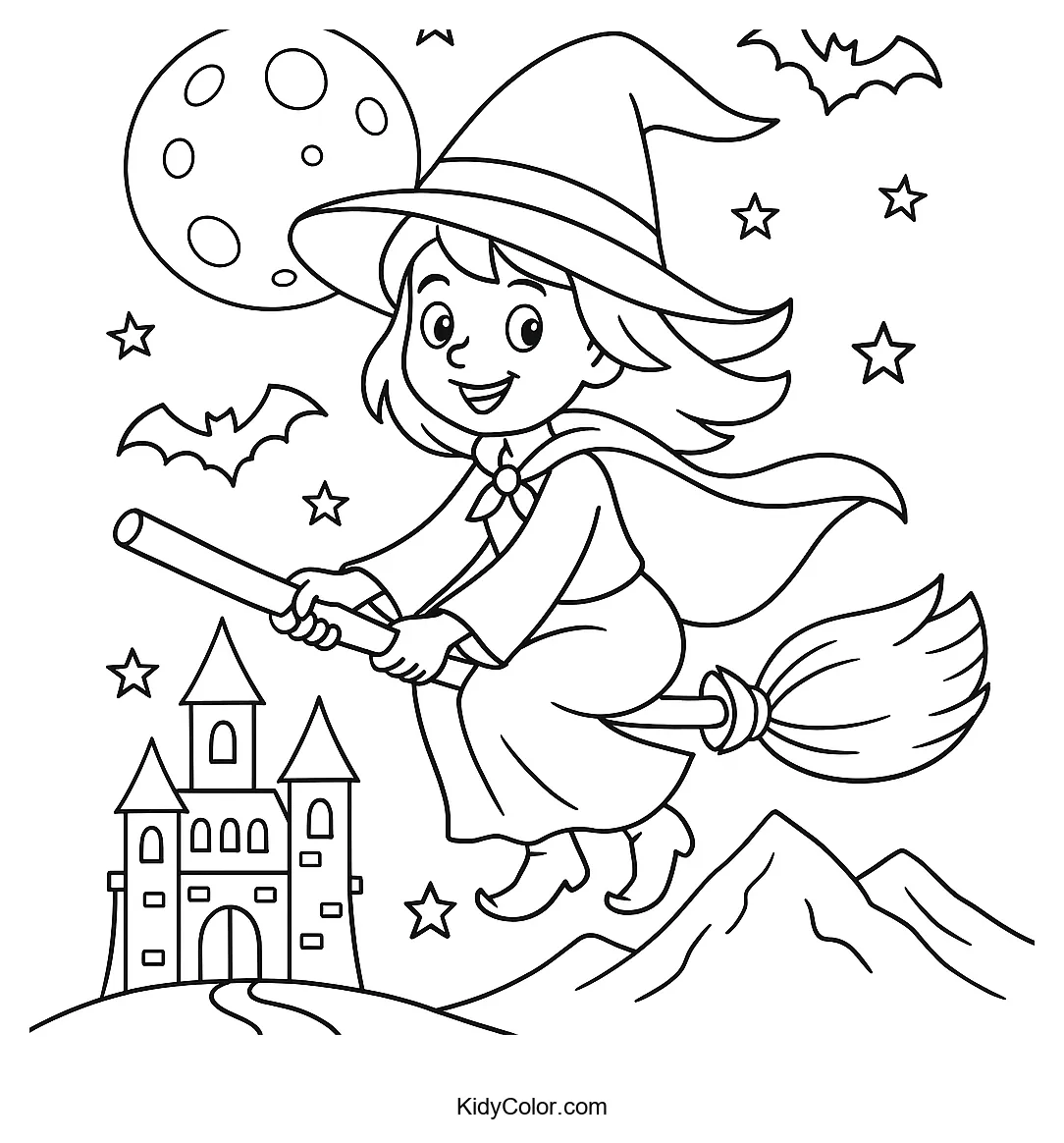 Witch flying over a haunted castle