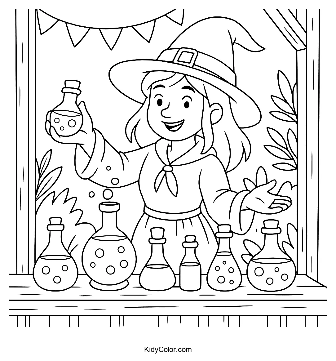 Witch's Potion Stand coloring page with cauldrons and potions