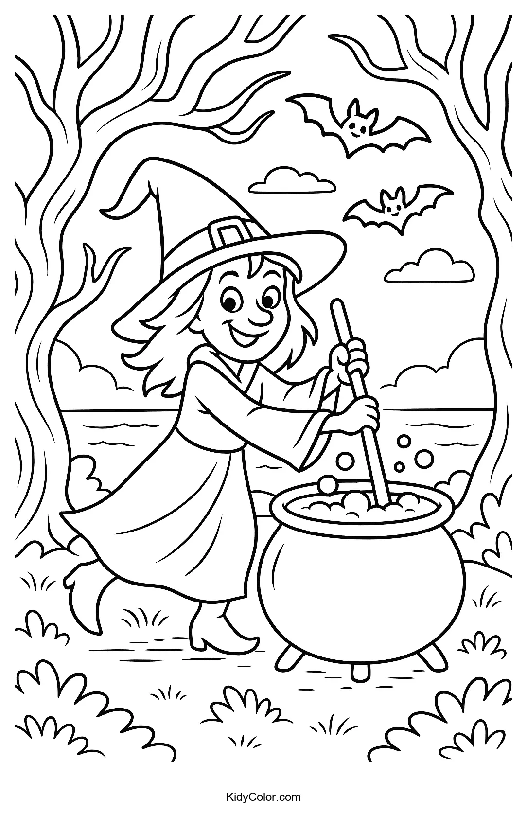 Witch's brew in a spooky forest coloring page