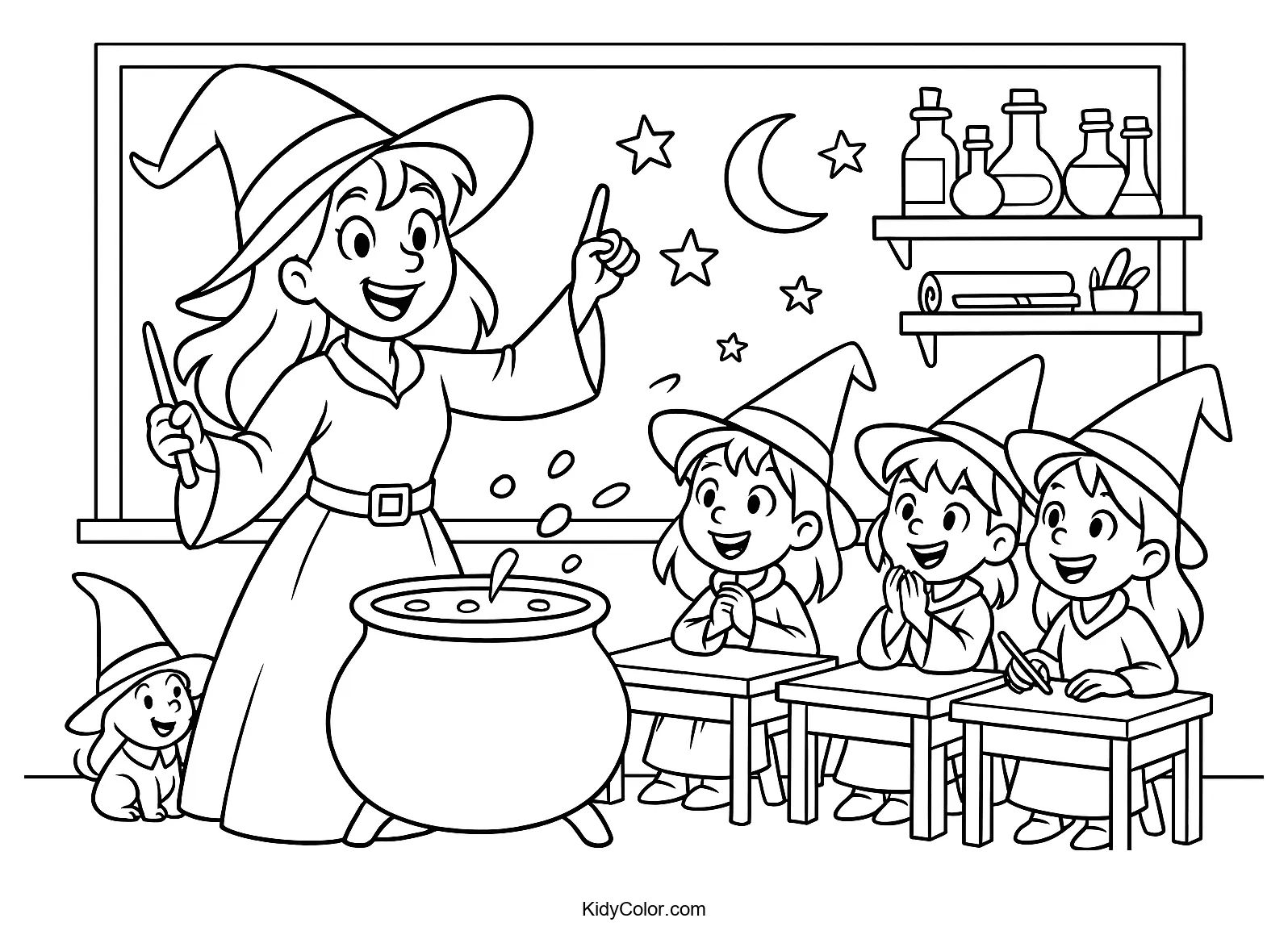 Witchcraft classroom scene with young witches