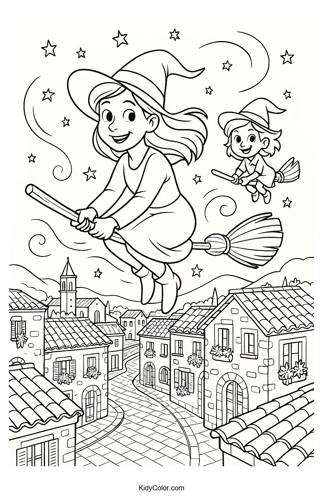 Witches flying over a Mediterranean village
