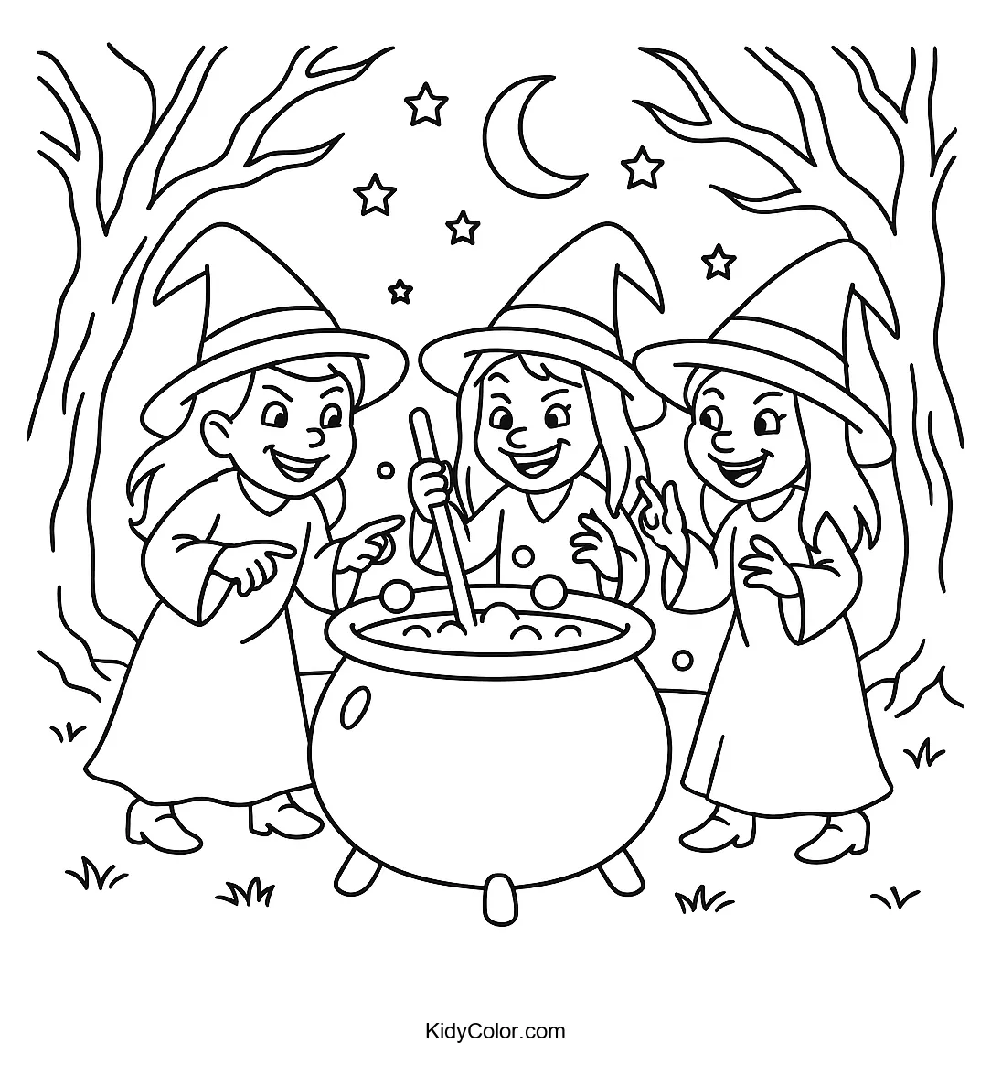 Witches stirring a cauldron under the moon