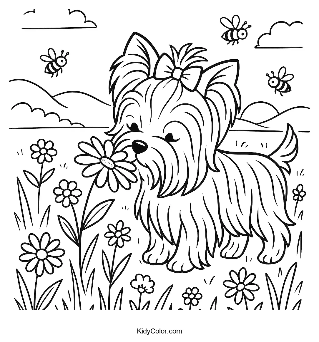Yorkie sniffing daisies in a meadow illustration