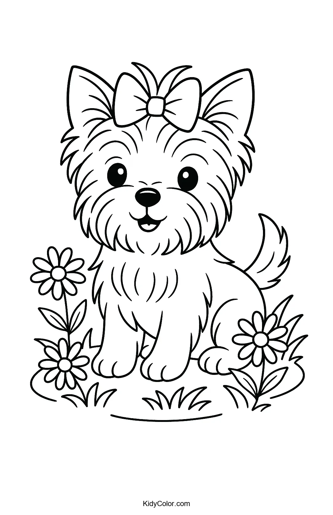 Yorkshire Terrier puppy with daisies coloring page