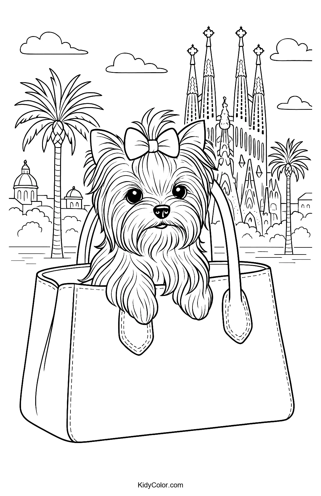 Yorkshire Terrier in a handbag coloring page