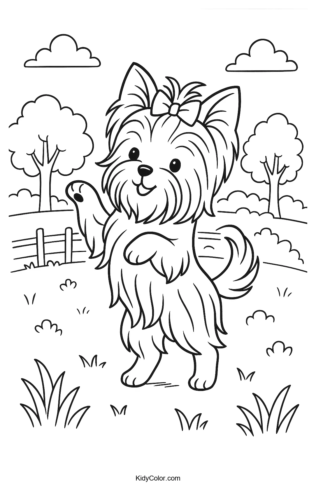 Yorkshire Terrier in a park scene coloring page