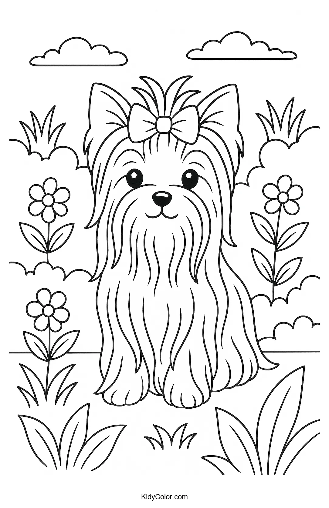 Coloring page of a Yorkshire Terrier in a garden