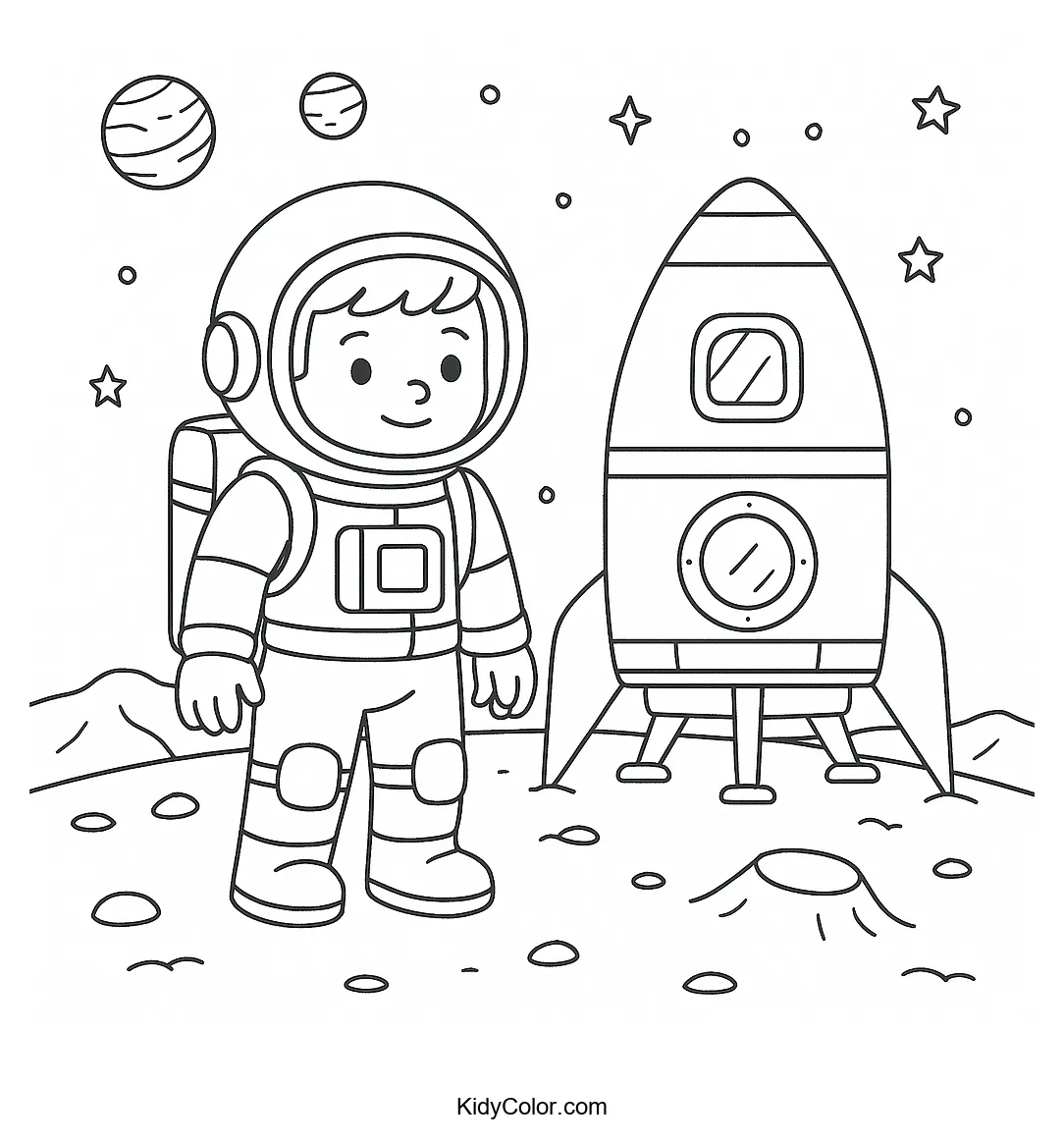 Young astronaut on the moon coloring page