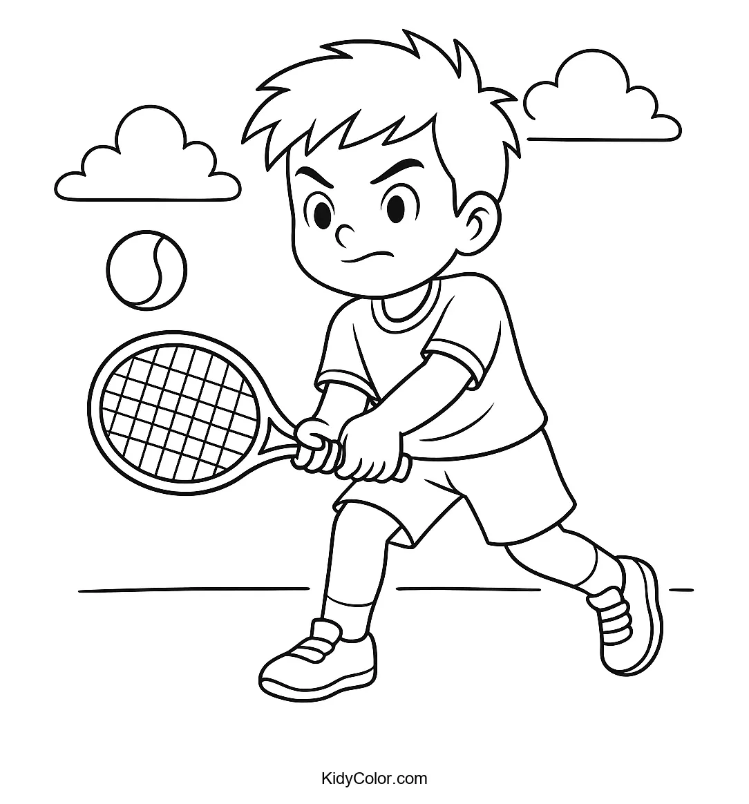 Young boy playing tennis coloring page