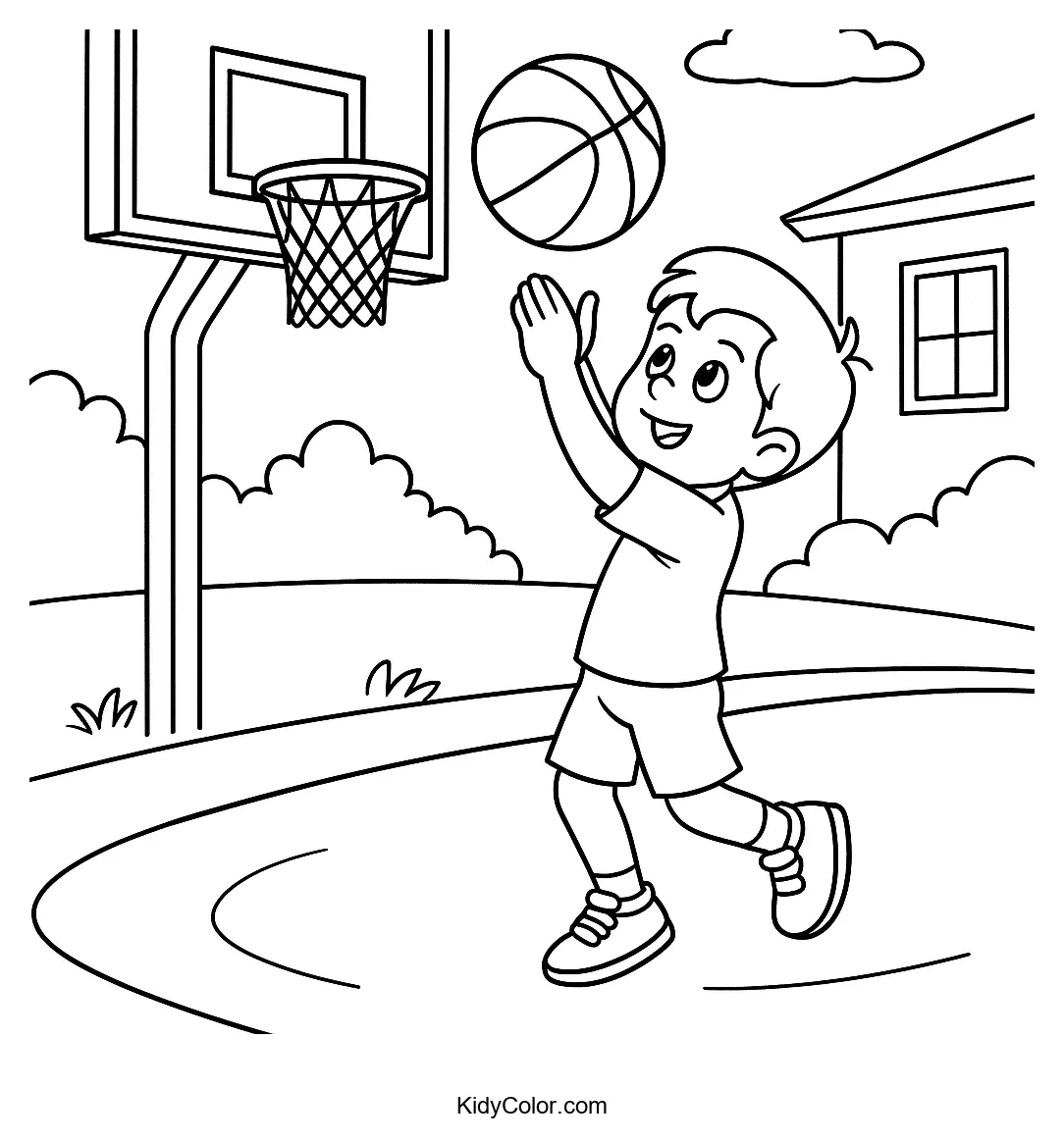 Young boy shooting a basketball outdoors