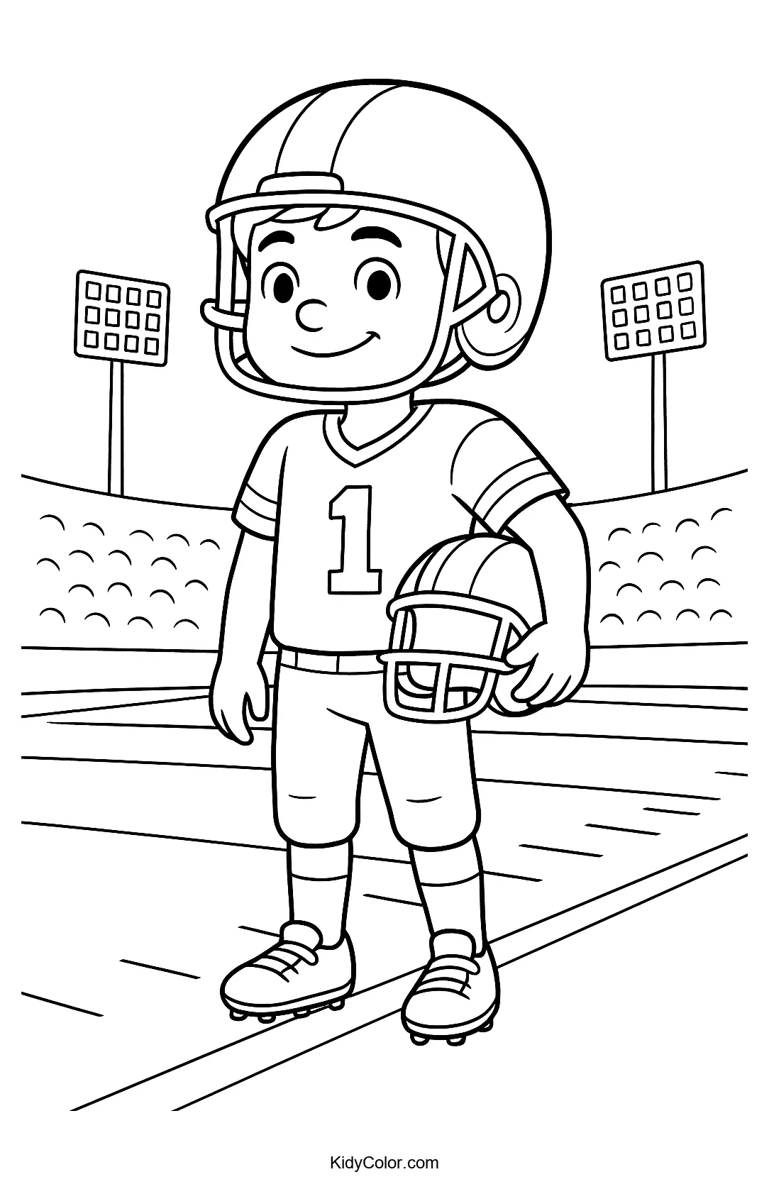 Young football player on the field coloring page