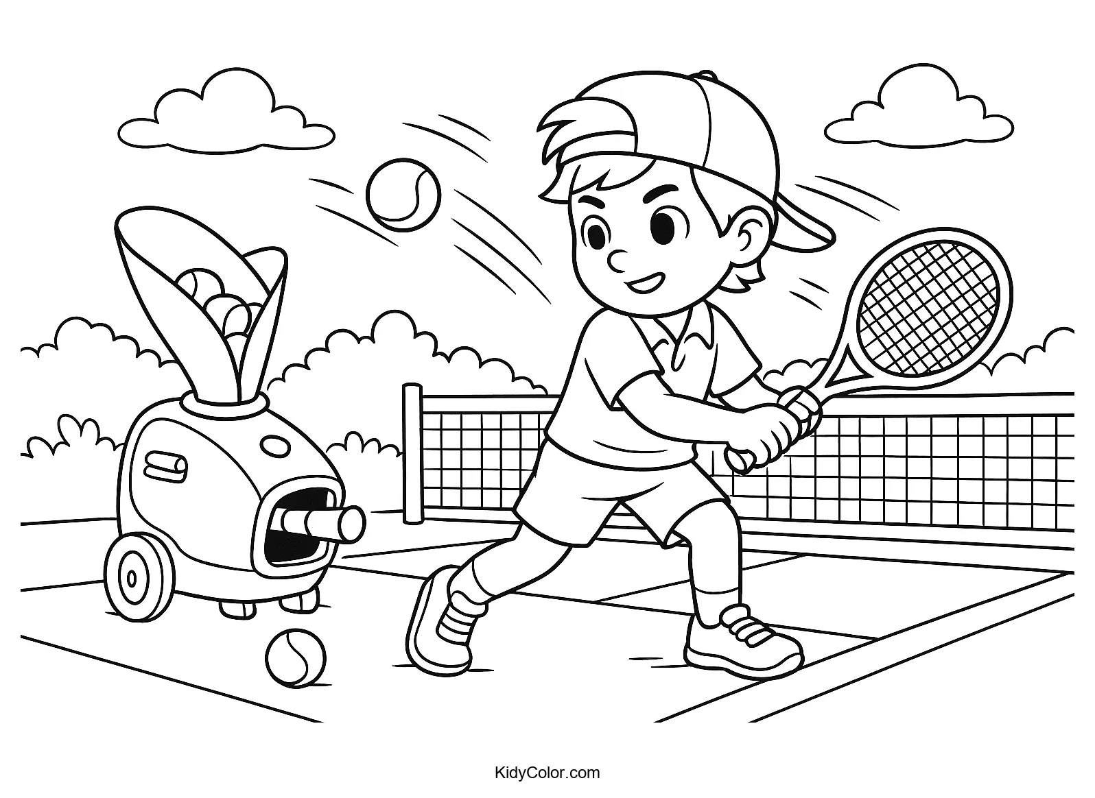 Young tennis player with ball machine