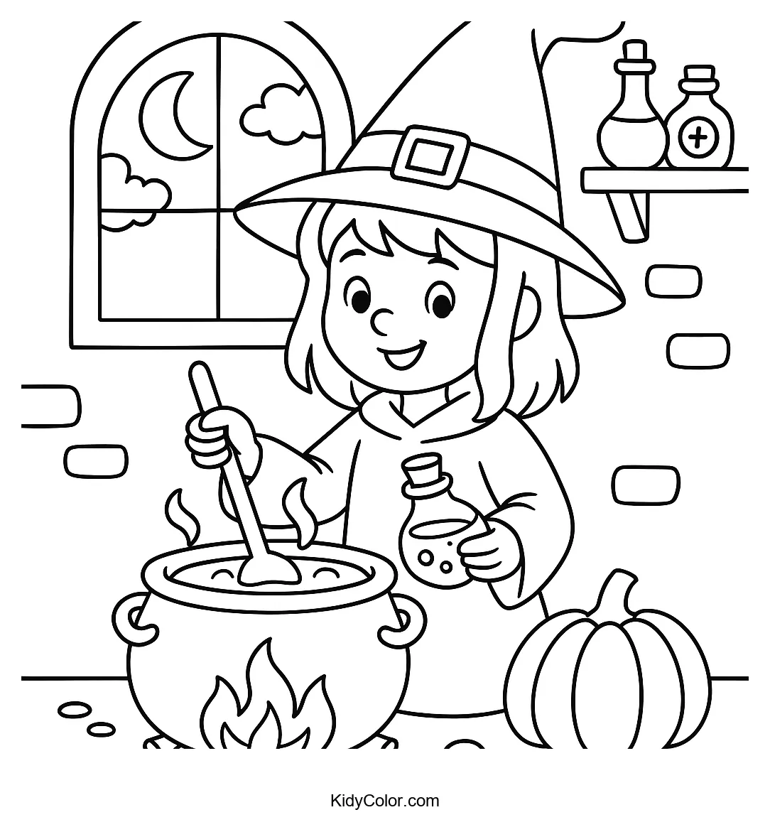Young witch brewing a potion with a cauldron