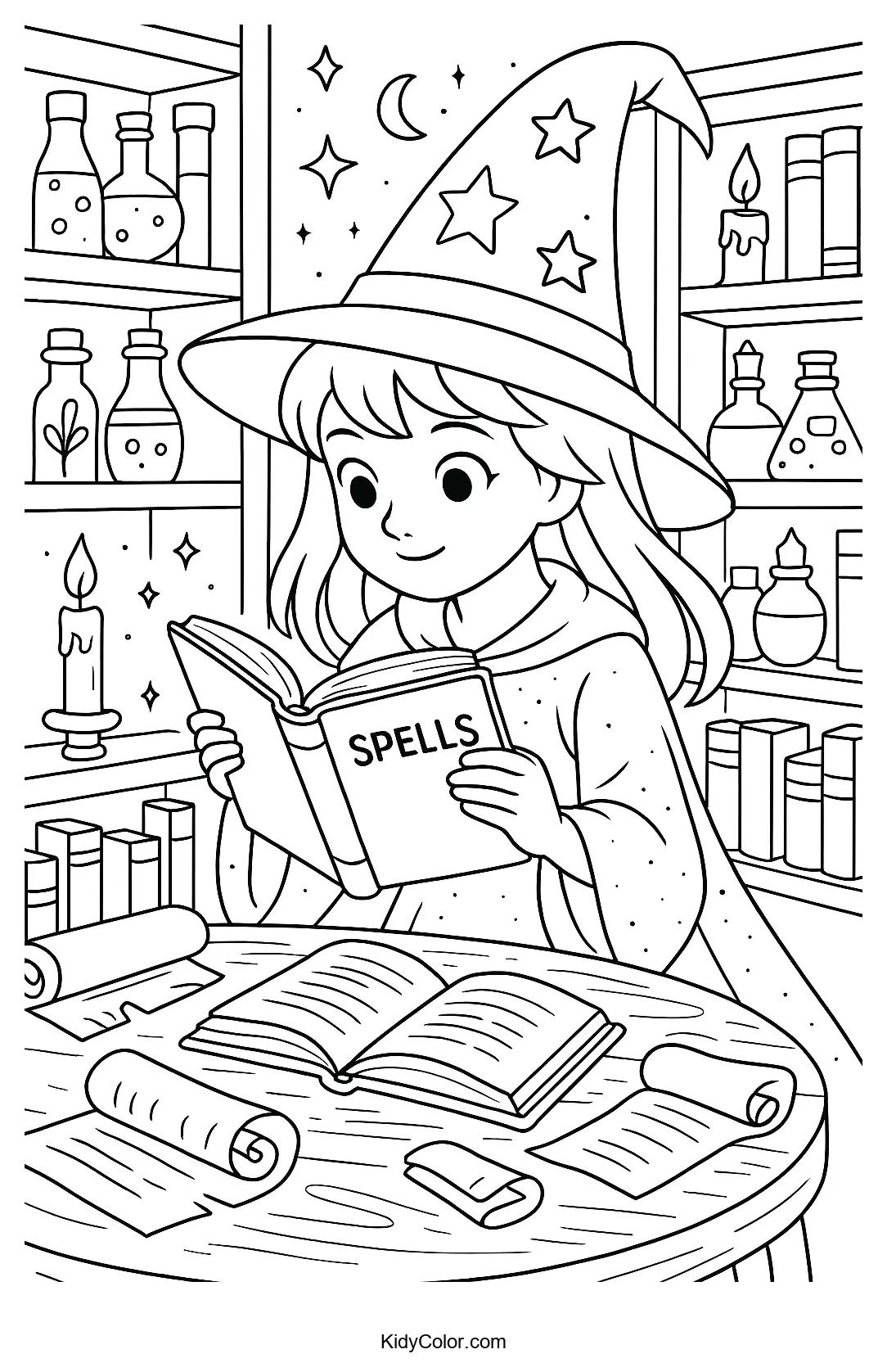 Young witch in a magical library surrounded by flying books
