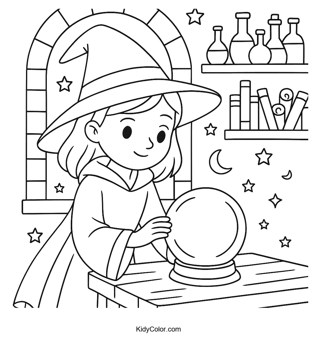 Young witch in a magical study with spellbooks and potions