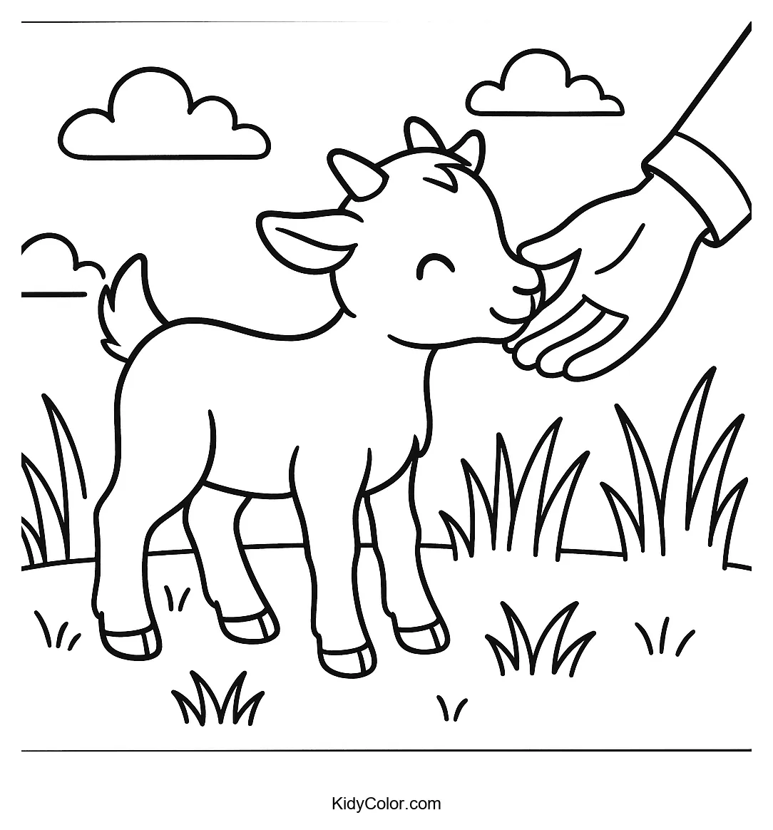 Baby goat and farmer's hand in field