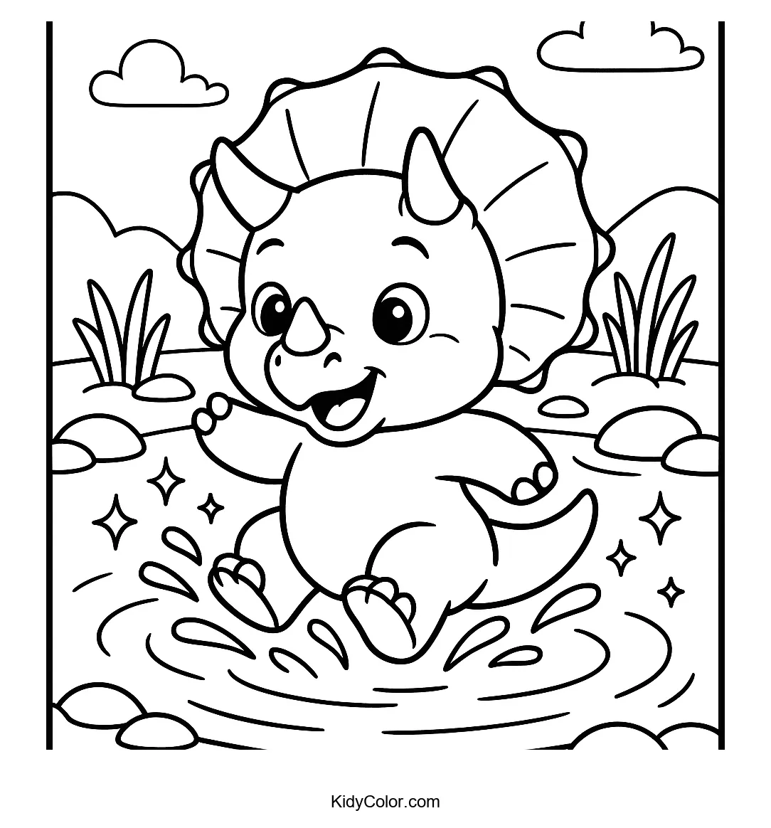 Baby triceratops splashing in pond