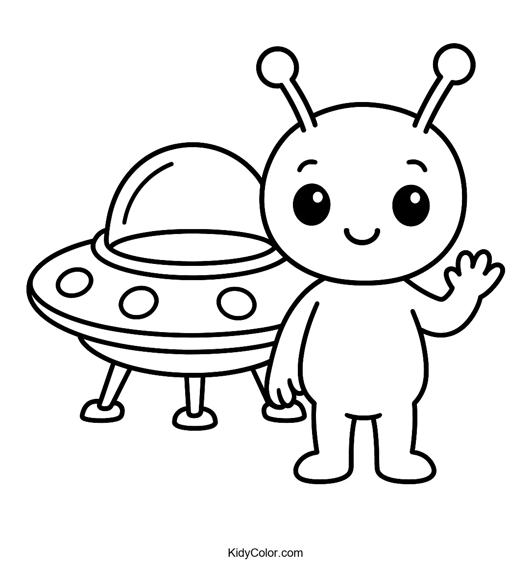 Alien with flying saucer coloring page